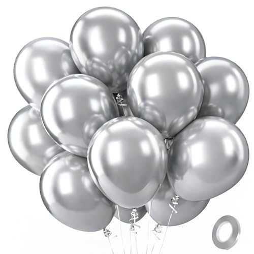 QIFU Ballons Argent Métallisé - 100 Pièces Ballons Anniversaire Argenté Métallique, Ballon de Baudruche, Ballon Hélium pour Decoration Anniversaire Mariage...