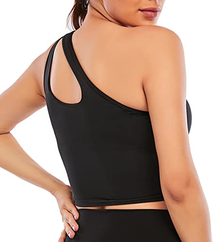 Focussexy Women's One Shoulder Sports Bra Removable Pads One Strap Sleeveless Crop Top Wirefree Sexy Cute Medium Support Black #TOP1
