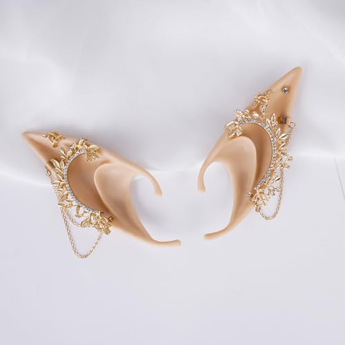 FRESHME Elf Ears with Piercings - Handmade Fairy Ears with Gold Butterfly Earrings Cuffs4