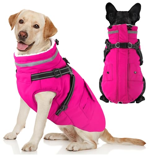 Dogcheer Dog Coat with Harness, Waterproof Warm Dog Winter Jacket with Pockets, Reflective Pet Fleece Jacket Turtleneck Snowsuit for Small Medium Large Dogs - Pink, XS