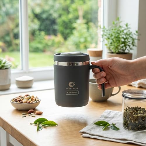 Image of CLAY CRAFT VACBOTT Dyona 400ML (Dark Blue)Premium Stainless Steel Puf-Insulated Flask Mug|304 Food Grade Steel| Long Hrs Hot & Cold|Airtight, BPA-Free, Leak-Proof Travel Mug with Handle| Made in India