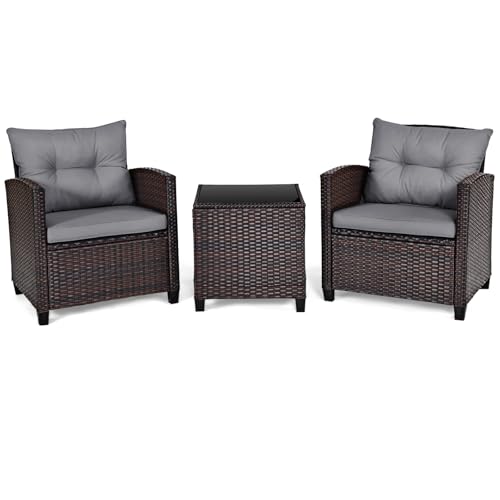 RELAX4LIFE Outdoor Rattan Bistro Set, 3PCS Wicker Patio Conservatory Coffee Table Sofa Chairs with...