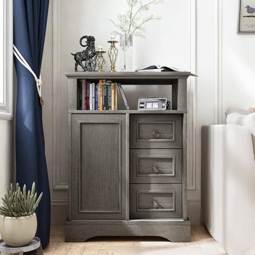 Maupvit Storage Cabinet with Drawers and Adjustable Shelves,Small Floor Storage Cupboard with Sliding Barn Door for Kitchen,Living Room,Home Office,Grey