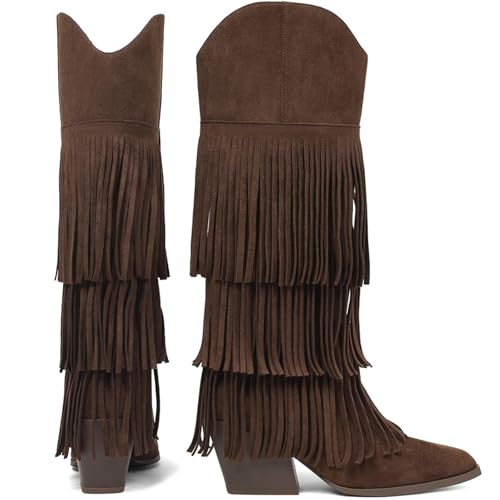 Image of Cowgirl Boots for Women Retro Pointed Toe Pull On Block Chunky Heel Embroide Tassel Country Concert Outfits Mid Calf Western Fringe Cowboy Boots