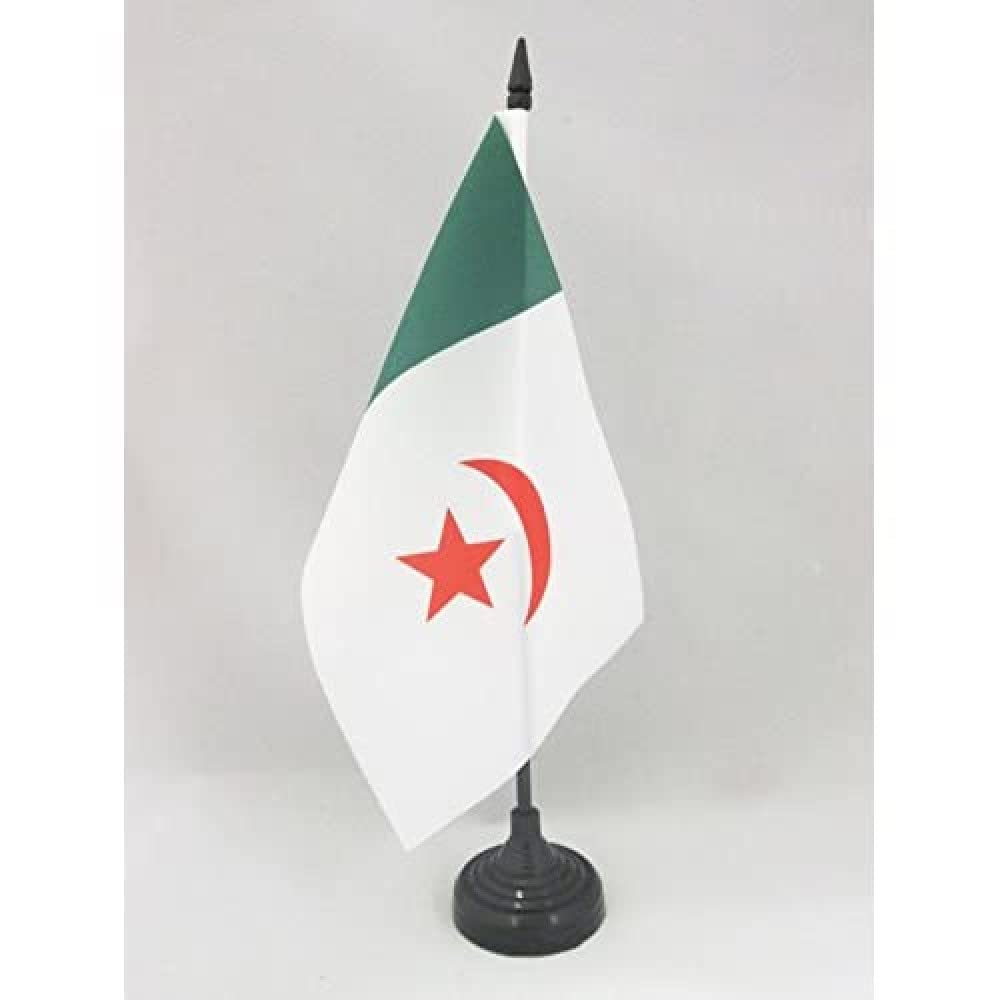 AZ FLAG Drapeau De Table Algérie Nationaliste 1960 21x14 cm Petit Drapeau Algérien Indépendentiste De Bureau 100% Polyester Avec Hampe 25cm Socle Plastique Noir