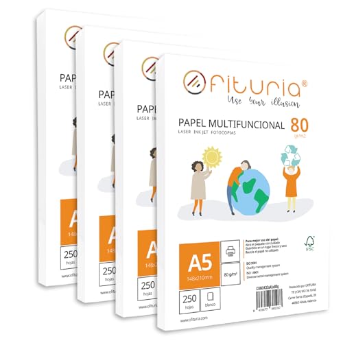 Paquete de folios A5 de 80gr con 1500 Hojas Blancas, Papel Multifuncional para Uso Escolar y Entornos Laborales. Ideal con impresoras láser, de inyección o fotocopiadoras - Ofituria Paquete de folios A5 de 80gr con 1500 Hojas Blancas, Papel Multifuncional para Uso Escolar y Entornos Laborales. Ideal con impresoras láser, de inyección o fotocopiadoras - Ofituria
