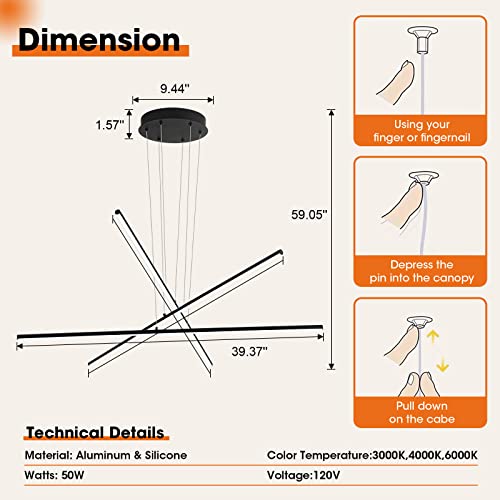 Royal Pearl PL17-310Z-R-50W-BK Modern Led Chandelier Black Linear 3-Light Chandeliers Contemporary Led Pendant Light Fixture Dimmable For Dining Room Foyer Office Color Changeable thumb #1
