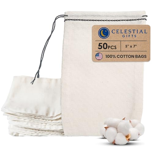 Celestial Gifts Muslin Bags - 100% Cotton Drawstring Bags Medium 50pcs, 5x7, Reusable Tea Bags, Jewelry Gift, Spice and Pouch Gift Sachet Bags - Made in USA - (Black Hem and Drawstring)