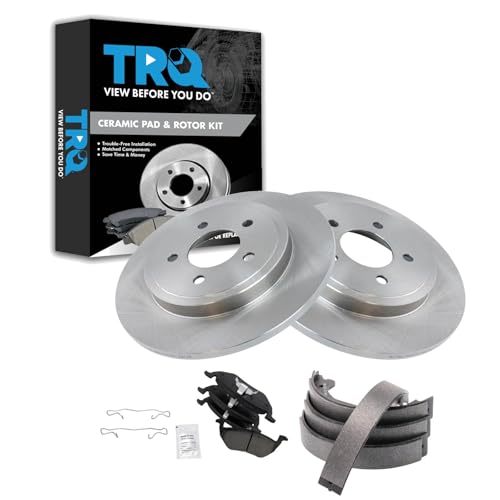 Image of TRQ Rear Brake Pad and Rotor Set Ceramic Parking Brake Shoe Compatible with 2005-2008 Ford Escape Mazda Tribute Mercury Mariner