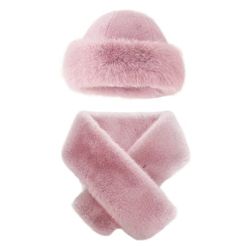 Gorro de esquí cálido con bufanda, gorro de invierno resistente al viento, térmico, unisex, gorros de piel sintética, peludo y esponjoso, gorros de invierno para senderismo, viajes (Rosa)