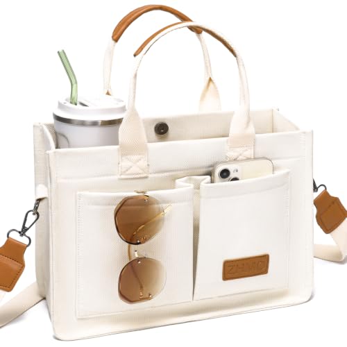 ZHMO Canvas Tote Bag for Women With Compartments and Pocket,White Women's Bags Crossbody Bags Work...