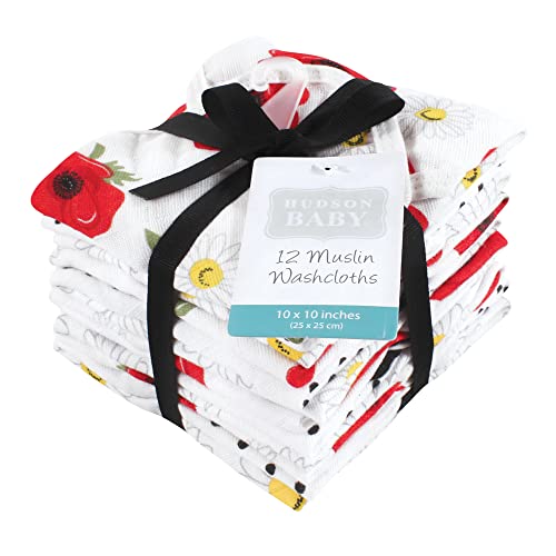 Image of Hudson Baby Unisex Baby Cotton Muslin Washcloths, Poppy Daisy, One Size