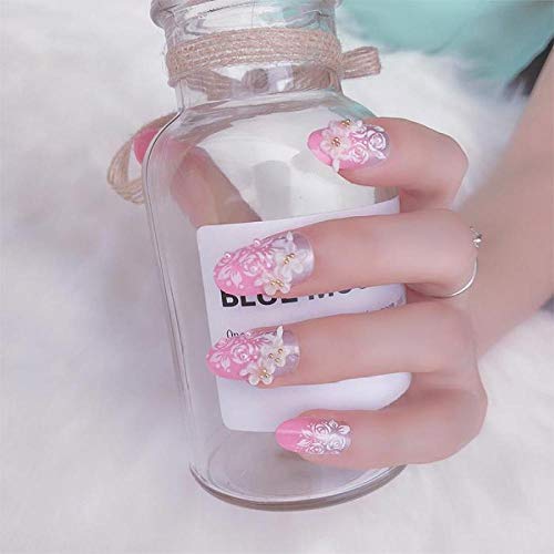 TJJF 24 Stück/Set Hochzeit Nageldekoration Falsche Nägel Für Braut Klar Rosa 3D Geschnitzte Blumen Designs Finger Fake… – Bild 4
