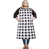SANFERGE Canvas Plus Size Apron for Women with 2 Pockets, 39 X 38 inch Extra Large XXL Aprons, Vintage Gingham Adjustable Long Bib Chef Apron for Cooking, Kitchen, Barber, Gardening, Black White Check
