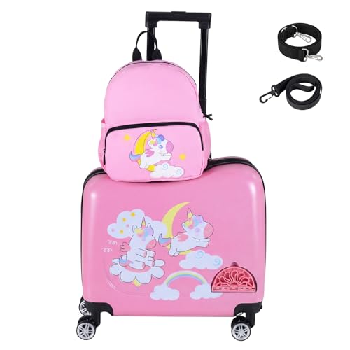 DREAMADE Kinderkoffer zum Draufsitzen, 2 TLG. Kinderkoffer mit Rucksack, Kindergepäck Trolley zum Reisen, Reisetrolley Kinder Trolley Set (Einhorn, 18 Zoll +12 Zoll)