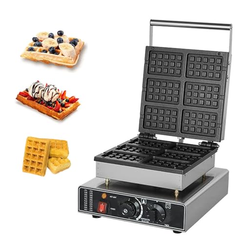 Gofrera Comercial de 1600 W: prepara 6 gofres, Antiadherente, eléctrica con Control de Temperatura y Temporizador para Bares y restaurantes.,