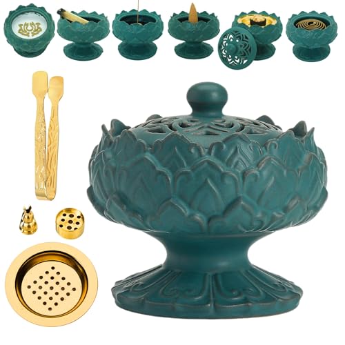 Quemador de incienso de cerámica para incienso, Bakhoor, carbón, palo, polvo, cono, bobina e incienso de torre, accesorios para meditación y aromaterapia con pinzas