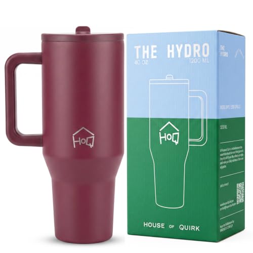 Image of House of Quirk 1200ML Tumbler with Handle & Simple Flip Straw - Car Cup Holder Friendly, Leak Resistant Stainless Steel Water Bottle with Rubber Base (Merlot)