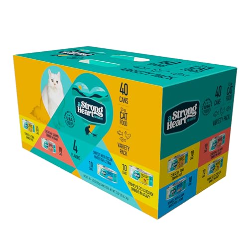 Image of A Strong Heart Wet Cat Food Variety Pack, 4 Flavor Chicken & Seafood Pates & Shreds in Gravy Recipes, Made with Real Chicken & Fish, Made in The USA, 5.5oz Can (40 Count)