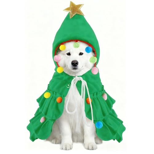 Vellibring Dog Christmas Outfit Green Pet Cloak with Hat with Star and Pompoms Puppy Cape Clothes Xmas Tree Elf Costumes Party Pet Supplies Accessories for Dogs Big Cats Santa Presents