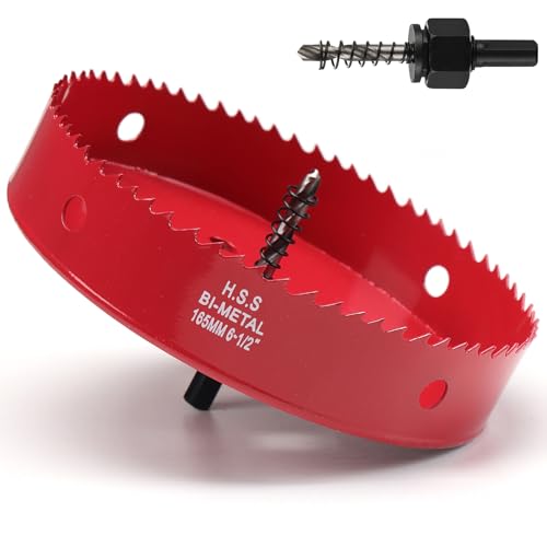 Image of 6-1 /2 Inch Hole Saw for Wood, 165mm HSS BI-Metal Hole Saw for Recessed Lighting, 35mm Cutting Depth Hole Cutter with Hex Shank Drill Bit Adapter for Cornhole Boards Plastic Drywall Fiberboard, Red