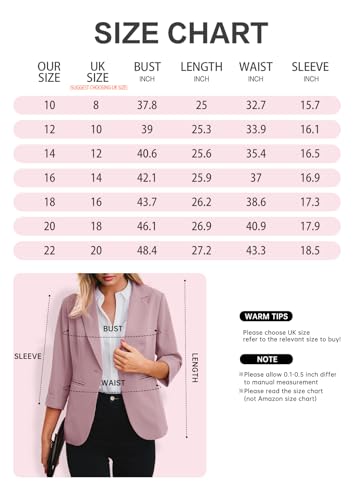 جريس ريلي بدلة بليزر انيقة باكمام 3/4 للنساء، جاكيتات عمل كاجوال للعمل والمكتب وسترة كارديجان مع جيوب وزر للسيدات (زهري فاقع، 16)