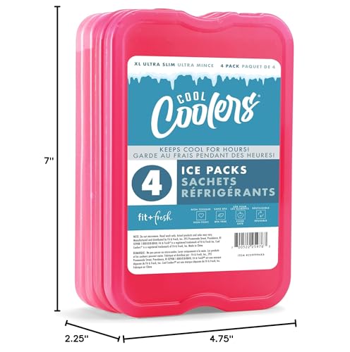 Cool Coolers by Fit & Fresh 4 Pack XL Slim Ice Packs, Quick Freeze Space Saving Reusable Ice Packs for Lunch Boxes or Coolers, Pink