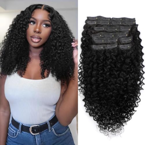 Curly Clip In Extension Human Hair 3C 4A Kinky Curly Clip Ins Full Head for Black Women Brazilian Remy Human Hair Natural Color 8Pcs with18clips 110g/Set (14 inch, curly wave)
