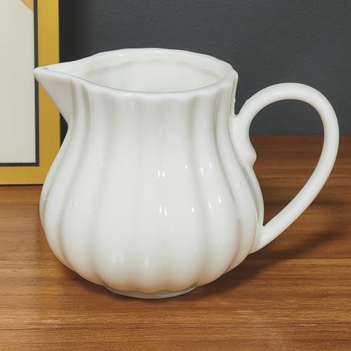 TIWPAJS Ceramic Creamer Container 6OZ, White Milk pitcher, Ribbed Milk Frothing Pitcher, Espresso Cups, Espresso Accessories, Expresso Shots Cup, Microwave & Freezer Safe