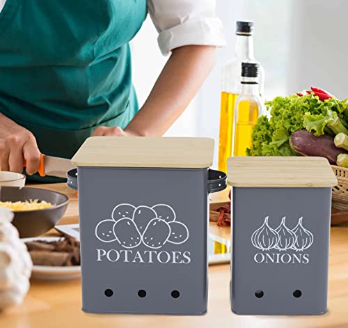 Image of Kitchen Vegetable Storage Tins Set of 2 for Potatoes, Onion, with wooden lid Garlic Bin Caddy, Long Shelf Life-Grey