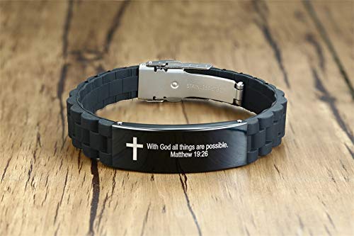 MEALGUET with God All Things are Possible Matthew 19:26 Inspiring Men's Christian Bibe Verse ID Bracelet Cross Wristband - Image 5