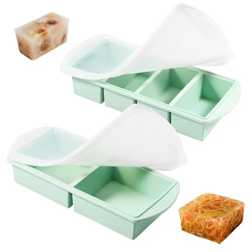 2-in-1 Souper Cubes, Lot de 2 Plateaux de Congélation en Silicone avec Couvercle, 2+4 Compartiments Récipient à Soupe, Moule à Soupe pour Soupe,Ice Cube,Bouillon,Sauce (4 x 250 ml, 2 x 501 ml, vert)