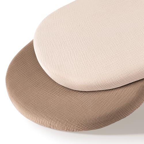 Image of MairMore Muslin Bassinet Sheets for Babies – Soft & Breathable 100% Cotton Fitted Sheets for Oval, Rectangle, Hourglass Bassinet Mattress Pads, 2-Pack (Ivory & Pink)