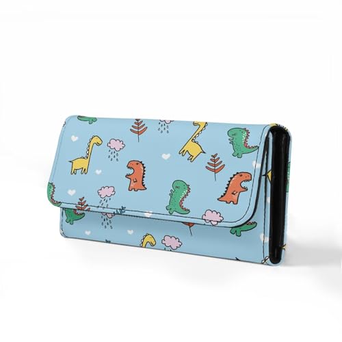 Image of AFPANQZ Cute Cartoon Dinosaur Clutch Wallet for Teen Girls Leather Trifold Multi Card Holder Slots Wallet, Elegant Leather Clutch Long Purse Portable Travel Purses with Phone Card Holder