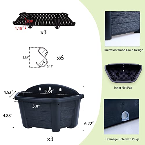 Summer Flower 9.84” Wall Hanging Planters Railing Hanging Planters Plants Flowers Plastic Pots Baskets For Balcony Fence Garden Outdoor Indoor 3 Wall Pots (Black Color) #TOP1