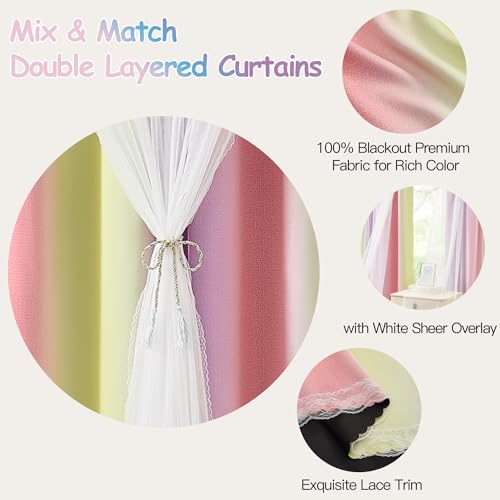 Image of XiDi Pink Yellow Curtains 84 Inches Long 2 Panels for Girls Bedroom Blackout Curtains with Sheer Overlay for Kids Princess Nursery Room Darkening Mix & Match Double Layer Grommet Drapes W34 X L84