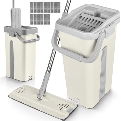 JUPPLIES Mopa Fregona con Cubo Escurridor Doble Compartimento 7,5 L – Sistema Giratorio con Mango Telescópico y Recambios de Microfibra para Suelos, Paredes y Azulejos (Blanco, 15 Recambios)