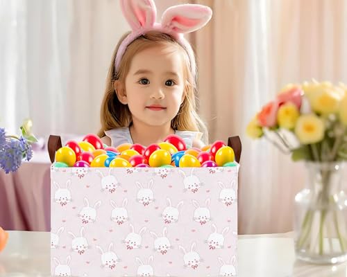 Image of Large Rectangular Easter Baskets Empty Waterproof Boy Toy Box Foldable Kid's Gifts Storage Bin Spring Room Decor(Pink Love Rabbit Head)