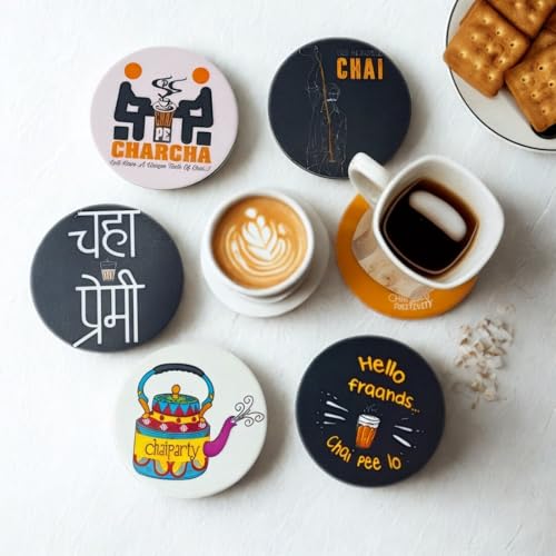 Image of Zesta Coasters for Cups Set of 6 / Wooden Coasters for Bar Accessories for Home /Tea Coaster Set of 6 / Waterproof Dining Table Decor Glass Cover (Chai Lover, Circle)
