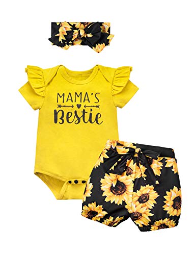 Newborn Baby Girl Romper Clothes Outfits Floral Ruffle Tops Pants with Handband Summer Fall Sets (3-6 M) Yellow