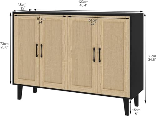 Panana Buffet Storage Cabinet with Rattan Design - Living Room Wood Kitchen Sideboard Accent Piece (123(W) x 38(D) x 88(H) cm, Black) - Image 3