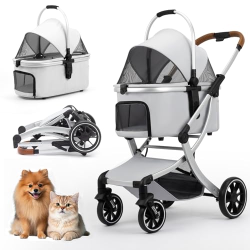 3 in 1 Pet Stroller for Small/Medium Dogs & Cats with Detachable Carrier, Storage Basket and Pet Pad, 4 Wheels Foldable Pet Travel Carrier for Car Seat & Hand Carry, Safe Outings (Grey)