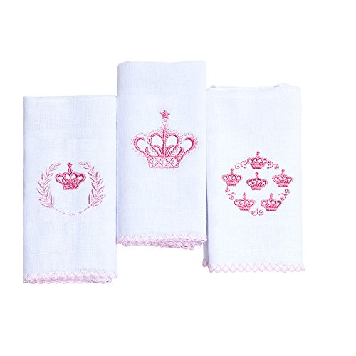 Babete Karinho Bordado 40Cm X 40Cm 03 Un, Papi Textil, Branco/Rosa