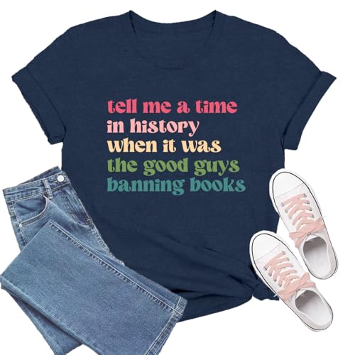 TIEEI Banned Books Shirt for Women Book Lover T-Shirts Reading Tee Teacher Tops Blue