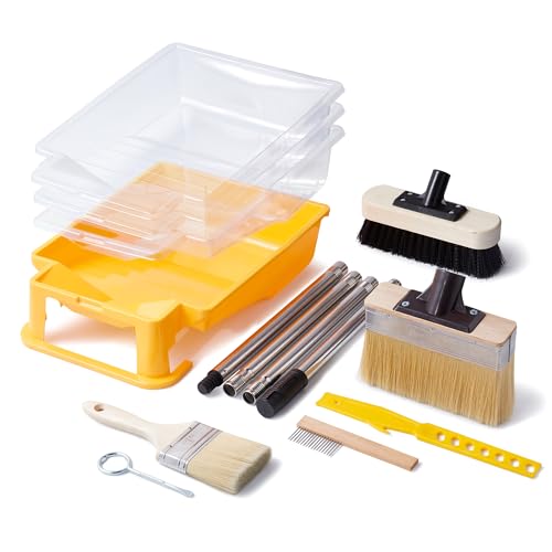 Deck Brush with Extension Pole 51 Adjustable Handle Deck Stain Brush & Paint Brush for Staining 9 Paint Tray with Liner - Wood Stain Applicator Kit for Deck Floor Fence - Voomey
