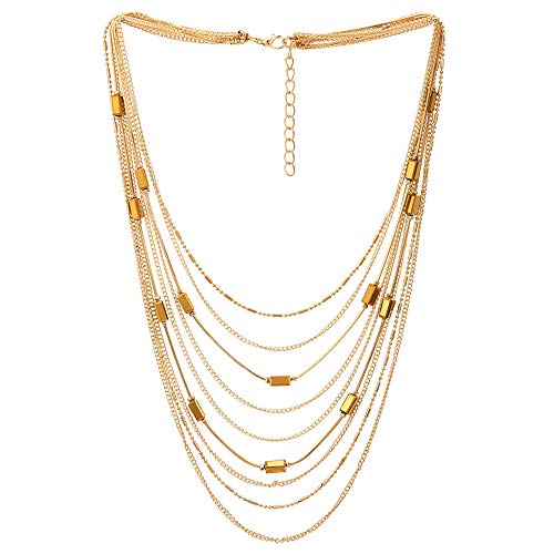 COOLSTEELANDBEYOND Gold Statement Choker Collar Necklace Waterfall Multi-Strand Chain with Rectangle Crystal Bead Charm