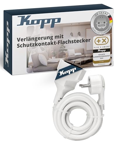 Kopp Verlängerungskabel 3m - Arktis-Weiß - Stromkabel-Verlängerung mit erhöhtem Berührungsschutz - IP20 Strom-Verlängerungskabel für innen - Schutzkontakt-Steckdosenverlängerung 250V~