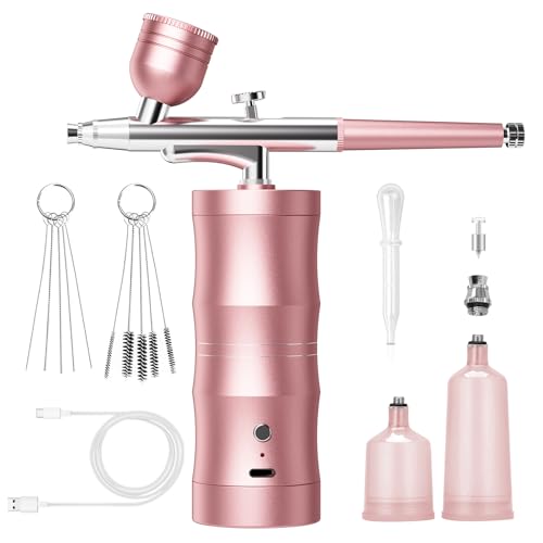 Image of Airbrush Kit with Compressor Portable Airbrush Kit 48PSI High-Pressure Non-Clogging Air Brush Set Cordless Rechargeable with 0.3mm Nozzle and Cleaning Brush for Painting,Nail Art, Makeup (Pink)
