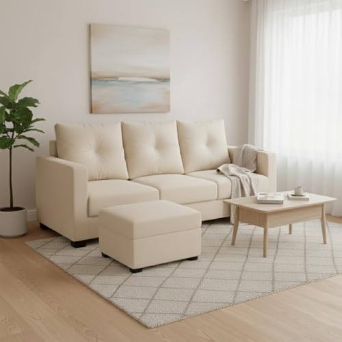 Image of FURNY Heritage 3 Seater Fabric Sofa Set with 1 Ottoman (Cream) with Velvet Finish | Durable Comfort | Ideal for Living Room.