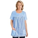 Collections Etc Women's Seersucker Checkered Pattern Snap Front Top with Pockets, Lightweight Short-Sleeve Scoop Neckline Shirt, Blue, Xx-Large